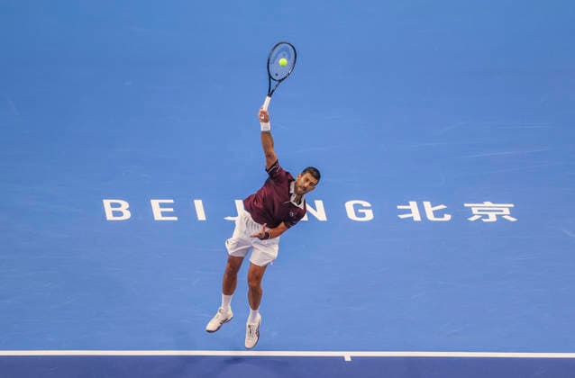 (261006) -- BEIJING, Oct. 6, 2026 -- Novak Djokovic of Serbia serves during the men s singles final match against Alex de Minaur of Australia at 2026 China Open tennis tournament in Beijing, China, Oct. 6, 2026. (Photo by Xinhua) (SP)CHINA-BEIJING-TENNIS-CHINA OPEN-MEN S SINGLES-FINAL(CN) MaxZihan