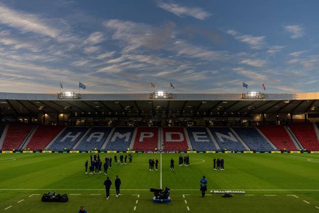 RECORD DATE NOT STATED 6th October 2026; Hampden Park, Glasgow, Scotland; UEFA Nations League Football, Scotland versus Slovenia; Both squads on the pitch at Hampden VagelisxGeorgariou