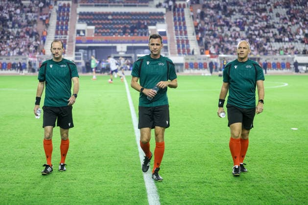 Croatia v Spain - UEFA Nations League 2026 27 Group A3 MD4 Referee Erik Lambrechts (C) and assistant referees Jo De Weirdt (L) and Kevin Monteny (R) warm up prior to the UEFA Nations League 2026 27 group phase match between Croatia and Spain at Stadion Poljud on October 6, 2026 in Split, Croatia. SanjinxStrukic PIXSELL