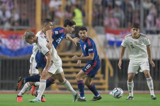 Croatia v Spain - UEFA Nations League 2026 27 Group A3 MD4 Dani Olmoof Spain and Igor Matanovic of Croatia battles for the ball during the UEFA Nations League 2026 27 group phase match between Croatia and Spain at Stadion Poljud on October 6, 2026 in Split, Croatia. IgorxSoban PIXSELL