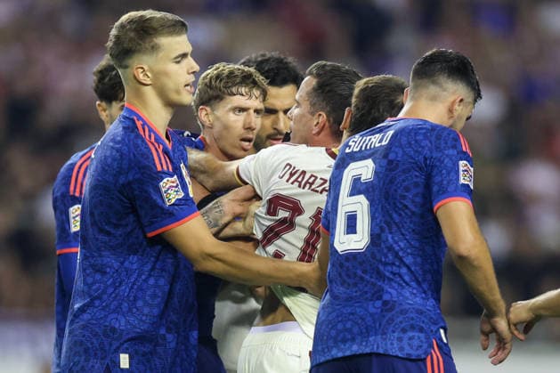 Croatia v Spain - UEFA Nations League 2026 27 Group A3 MD4 Luka Vuskovic of Croatia, Kristijan Jakic of Croatia and Mikel Oyarzabal of Spain during the UEFA Nations League 2026 27 group phase match between Croatia and Spain at Stadion Poljud on October 6, 2026 in Split, Croatia. SanjinxStrukic PIXSELL