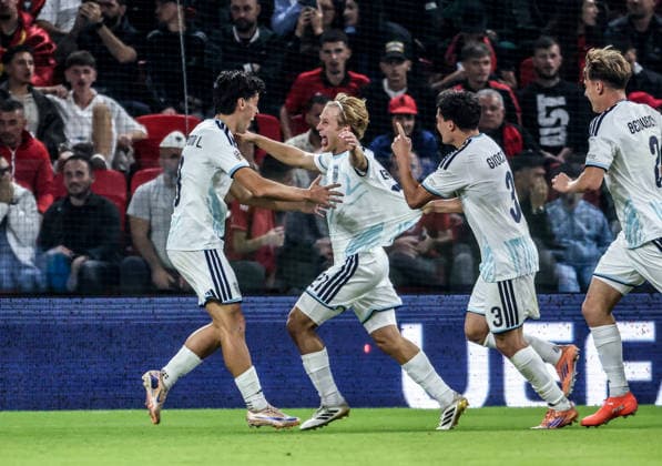 Albania vs San Marino UEFA Nations League 2026-2027 Group C1 Lorenzo Lazzari (C) of San Marino celebrates his goal with teammates during the UEFA Nations League 2026-2027 group phase match between Albania and San Marino in Tirana, Albania on October 6, 2026 Tirana Albania Copyright: xArmandoxBabanix