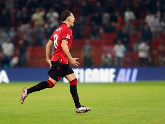 UEFA Nations League Qualifier Albania vs San Marino in Tirana, Albania. Kristjan Asllani of Albania celebrates his first goal during the UEFA Nations League Group C match between Albania and Belarus at Air Albania Stadium in Tirana, Albania, on October 6, 2026. Light Studio Agency Malton Dibra Tirana Albania Copyright: xLightxStudioxAgencyx xMaltonxDibrax