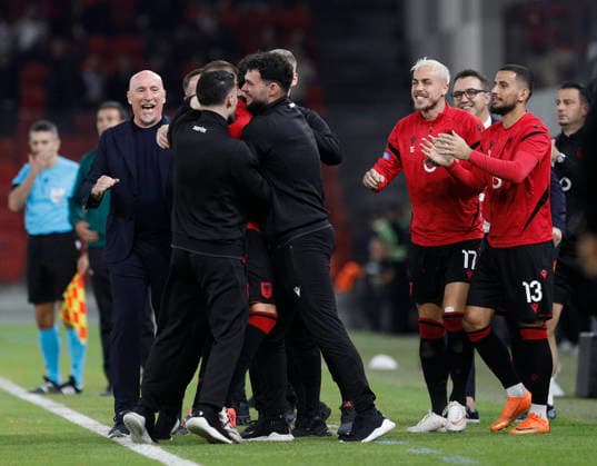 UEFA Nations League Qualifier Albania vs San Marino in Tirana, Albania. Albania and Albania head coach Italian Rolando Maran celebrate the first goal during the UEFA Nations League Group C match between Albania and Belarus at Air Albania Stadium in Tirana, Albania, on October 6, 2026. Light Studio Agency Malton Dibra Tirana Albania Copyright: xLightxStudioxAgencyx xMaltonxDibrax