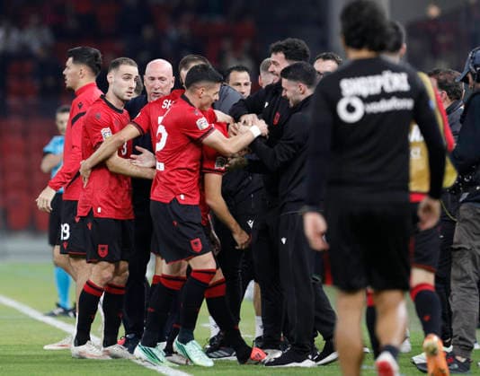 UEFA Nations League Qualifier Albania vs San Marino in Tirana, Albania. Albanian players and Albania head coach Italian Rolando Maran celebrate the first goal during the UEFA Nations League Group C match between Albania and Belarus at Air Albania Stadium in Tirana, Albania, on October 6, 2026. Light Studio Agency Malton Dibra Tirana Albania Copyright: xLightxStudioxAgencyx xMaltonxDibrax