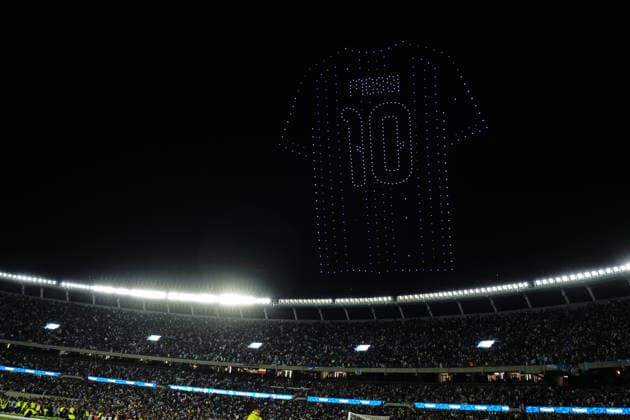 Messi bade farewell to Argentina in the friendly match against Benin BUENOS AIRES, ARGENTINA - OCTOBER 6: Drone show featuring a Messi jersey with the number 10 as Argentine football legend and national team, Nationalteam captain Lionel Messi goodbye to the crowd during his farewell match in front of over 80,000 spectators at the Monumental Stadium, in Buenos Aires, Argentina on October 6, 2026. Argentine football star Lionel Messi played his final international match, Länderspiel, Nationalmannschaft in the friendly game between Argentina and Benin. The 39-year-old walk onto the stadium pitch for the final time in the sky-blue and white jersey, entering his farewell as Argentina s record appearance-maker and leading scorer with 207 caps and 125 goals. Luciano Gonzalez Anadolu Buenos Aires Argentina. Editorial use only. Please get in touch for any other usage. Copyright: x2026xAnadoluxLucianoxGonzalezx