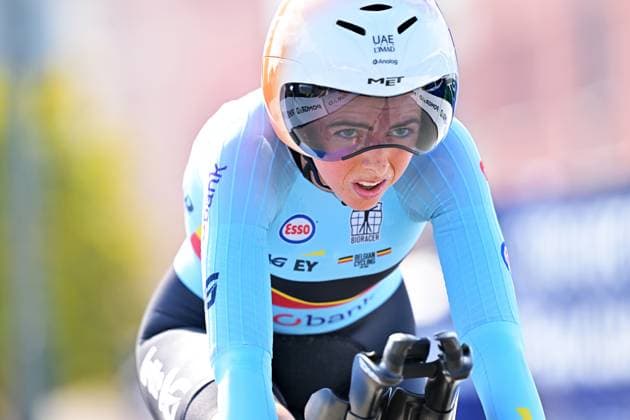 Belgium s Febe Jooris crosses the finish line of the Women U23 Individual Time Trial race (22km) at the cycling UEC Road European Championships, in Ljubljana, Slovenia, on Wednesday 7 October 2026. The UEC Road European Championships are taking place from 02 to 07 October in Ljubljana, Slovenia. DAVIDxPINTENS x189039683x