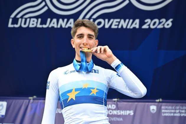 Spain s Hector Alvarez Martinez celebrates on the podium after winning the Men U23 Individual Time Trial race (22km) at the cycling UEC Road European Championships, in Ljubljana, Slovenia, on Wednesday 7 October 2026. The UEC Road European Championships are taking place from 02 to 07 October in Ljubljana, Slovenia. DAVIDxPINTENS x189041936x