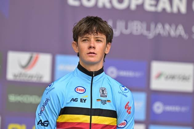 Belgium s Matisse Van Kerckhove , winner of the silver medal celebrates on the podium of the Men U23 Individual Time Trial race (22km) at the cycling UEC Road European Championships, in Ljubljana, Slovenia, on Wednesday 7 October 2026. The UEC Road European Championships are taking place from 02 to 07 October in Ljubljana, Slovenia. DAVIDxPINTENS x189042181x