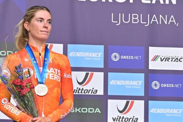 Netherlands Demi Vollering , winner of the silver medal celebrates on the podium of the Women Elite Individual Time Trial race (22km) at the cycling UEC Road European Championships, in Ljubljana, Slovenia, on Wednesday 7 October 2026. The UEC Road European Championships are taking place from 02 to 07 October in Ljubljana, Slovenia. DAVIDxPINTENS x189054014x