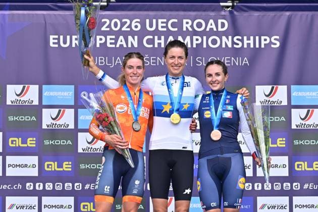 Netherlands Demi Vollering; Switzerland s Marlen Reusser and France s Juliette Berthet celebrate on the podium after the Women Elite Individual Time Trial race (22km) at the cycling UEC Road European Championships, in Ljubljana, Slovenia, on Wednesday 7 October 2026. The UEC Road European Championships are taking place from 02 to 07 October in Ljubljana, Slovenia. DAVIDxPINTENS x189054844x