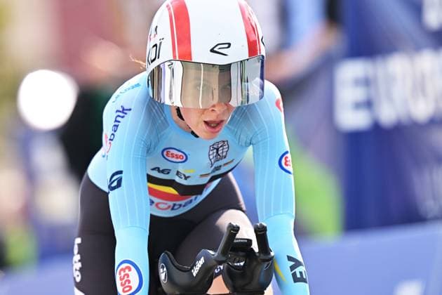 Belgium s Sandrine Tas crosses the finish line of the Women Elite Individual Time Trial race (22km) at the cycling UEC Road European Championships, in Ljubljana, Slovenia, on Wednesday 7 October 2026. The UEC Road European Championships are taking place from 02 to 07 October in Ljubljana, Slovenia. DAVIDxPINTENS x189055262x