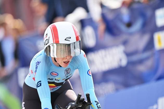 Belgium s Sandrine Tas crosses the finish line of the Women Elite Individual Time Trial race (22km) at the cycling UEC Road European Championships, in Ljubljana, Slovenia, on Wednesday 7 October 2026. The UEC Road European Championships are taking place from 02 to 07 October in Ljubljana, Slovenia. DAVIDxPINTENS x189055301x