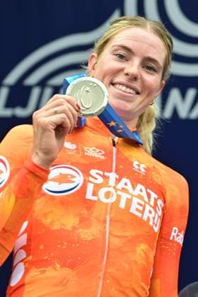 Netherlands Demi Vollering , winner of the silver medal celebrates on the podium of the Women Elite Individual Time Trial race (22km) at the cycling UEC Road European Championships, in Ljubljana, Slovenia, on Wednesday 7 October 2026. The UEC Road European Championships are taking place from 02 to 07 October in Ljubljana, Slovenia. DAVIDxPINTENS x189055565x