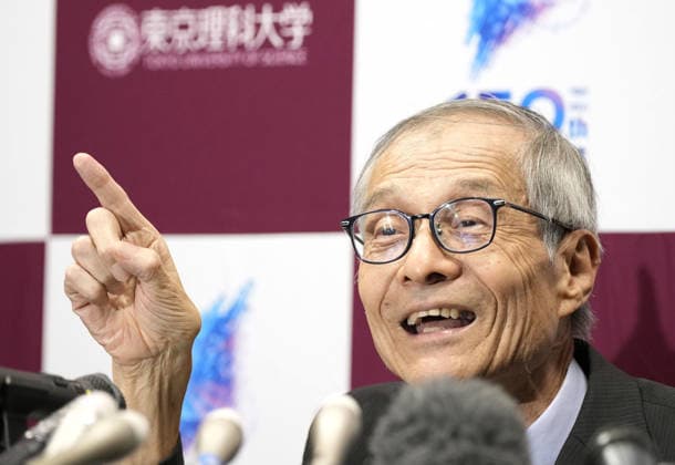 Nobel chemistry prize co-winner Soai Kenso Soai, a professor emeritus at the Tokyo University of Science, attends a press conference, PK, Pressekonferenz at the university in Tokyo on Oct. 7, 2026, after receiving the 2026 Nobel Prize in Chemistry. Soai and French researcher Henri Kagan shared the prize for the discovery of non-linear effects and autocatalysis in asymmetric organic synthesis, the Royal Swedish Academy of Sciences said earlier in the day. A14AA0005630379P