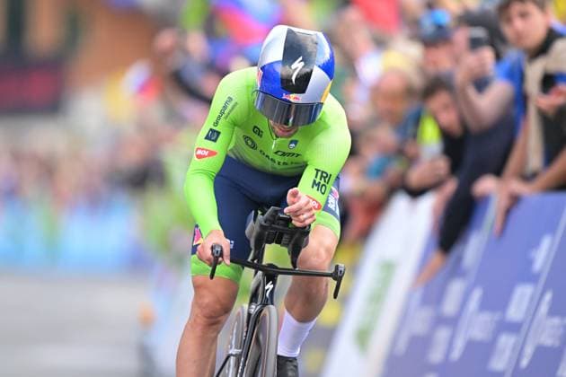 Slovenia s Primoz Roglic crosses the finish line to win the Men Elite Individual Time Trial race (22km) at the cycling UEC Road European Championships, in Ljubljana, Slovenia, on Wednesday 7 October 2026. The UEC Road European Championships are taking place from 02 to 07 October in Ljubljana, Slovenia. DAVIDxPINTENS x189071147x