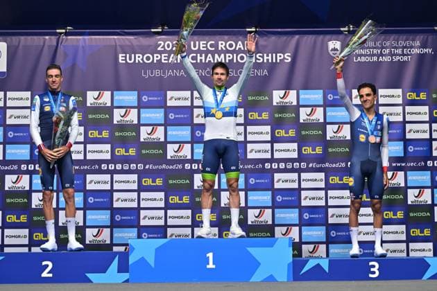 France s Bruno Armirail; Slovenia s Primoz Roglic and France s Maxime Decomble celebrate on the podium of the Men Elite Individual Time Trial race (22km) at the cycling UEC Road European Championships, in Ljubljana, Slovenia, on Wednesday 7 October 2026. The UEC Road European Championships are taking place from 02 to 07 October in Ljubljana, Slovenia. DAVIDxPINTENS x189072017x
