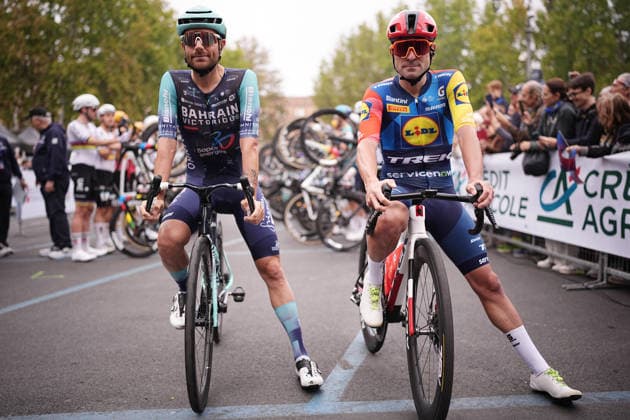 Last race for Italy s Jacopo Mosca of Lidl-Trek and Italy s Damiano Caruso of Bahrain Victorious during the 110th edition of the Gran Piemonte 2026 a 185 km one day race from Asti to Bra on October 08, 2026, Italy. Copyright: xMarcoxAlpozzi LaPressex