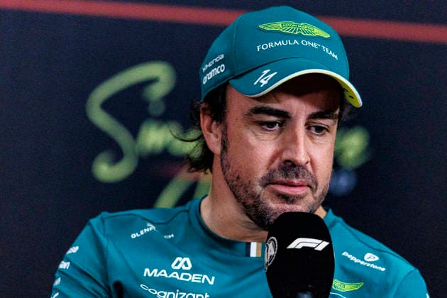 RECORD DATE NOT STATED 8th October 2026; Marina Bay, Singapore; Formula 1, Singapore Grand Prix, Arrival Day; Fernando Alonso (14) of Spain and Aston Martin Aramco Formula One Team during the press conference, PK, Pressekonferenz at the Singapore Grand Prix StephenxBlackberry