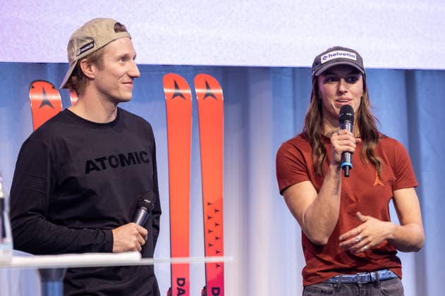 ALPINE SKIING - Atomic Media Day 2026 ALTENMARKT,AUSTRIA,08.OCT.26 - ALPINE SKIING - Atomic Media Day. Image shows Tanguy Nef and Malorie Blanc (SUI). GEPAxpictures xHaraldxSteiner