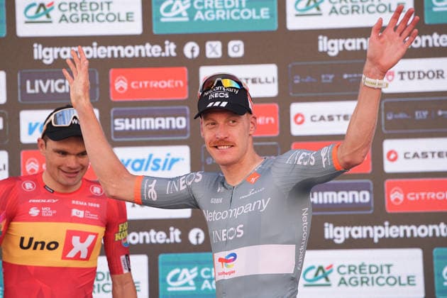 France s Dorian Godon of Netcompany INEOS winner of the race on the podium after the 110th edition of the Gran Piemonte 2026 a 185 km one day race from Asti to Bra on October 08, 2026, Italy. Copyright: xMarcoxAlpozzi LaPressex