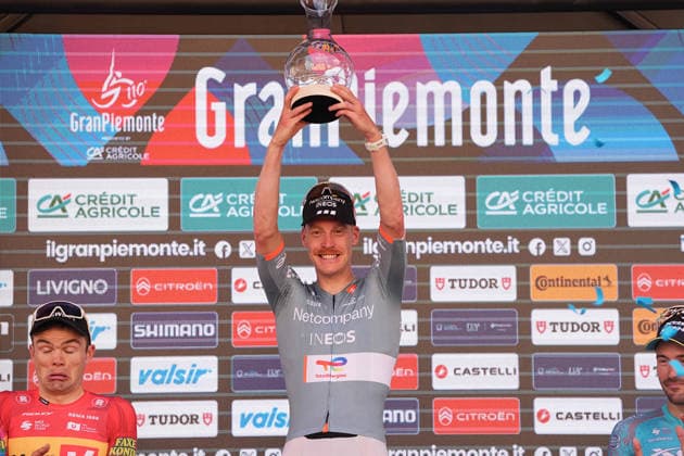 France s Dorian Godon of Netcompany INEOS winner of the race on the podium after the 110th edition of the Gran Piemonte 2026 a 185 km one day race from Asti to Bra on October 08, 2026, Italy. Copyright: xMarcoxAlpozzi LaPressex