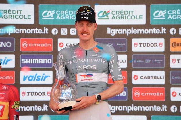 France s Dorian Godon of Netcompany INEOS winner of the race on the podium after the 110th edition of the Gran Piemonte 2026 a 185 km one day race from Asti to Bra on October 08, 2026, Italy. Copyright: xMarcoxAlpozzi LaPressex