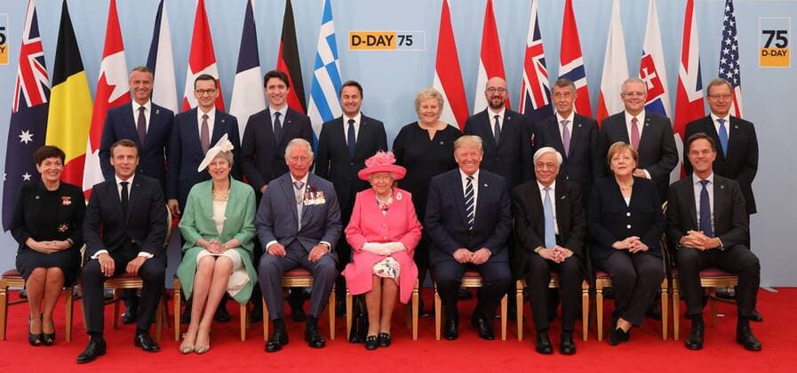 News Themen der Woche KW23 News Bilder des Tages . 05 06 2019. Portsmouth, United Kingdom. The Queen, accompanied by The Prince of Wales, and the President and the First Lady, pose for a formal photograph with leaders of the other Allied Nations ahead of the National Commemorative Event commemorating the 75th anniversary of the D-Day invasion. Southsea Common, Portsmouth. 5 6 2019. Back row l-r Slovakia DPM Richard RaA?i, Prime Minister of Poland Mateusz Morawiecki, Prime Minister of Canada Justin Trudeau, Prime Minister of Luxembourg Xavier Bettel, Prime Minister of Norway Erna Solberg, Prime Minister of Belgium Charles Michel, Prime Minister of the Czech Republic Andrej BabiA?, Prime Minister of Australia Scott Morrison, Danish Ambassador to the UK Lars Thuesen. Front row L-R Governor-General of New Zealand Patsy Reddy, President of France Emmanuel Macron, Prime Minister of the United xPoolx xi-Imagesx IIM-19764-0024