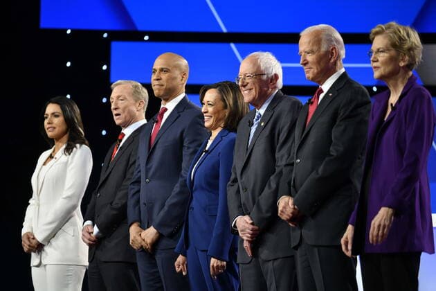 October 15, 2019, Westerville, Ohio, USA: (L-R) TULSI GABBARD, TOM STEYER, CORY BOOKER, KAMALA HARRIS, BERNIE SANDERS, JOE BIDEN, ELIZABETH WARREN, PETE BUTTIGIEG, ANDREW YANG, BETO O ROURKE, AMY KLOBUCHAR and JULIAN CASTRO on stage during the CNN and New York Times Democratic Presidential Debate, held at Otterbein University. Westerville USA - ZUMA 20191015_mda_z03_626 Copyright: xEdwardxM.xPioRodax