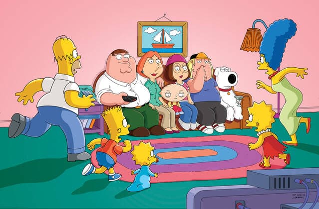 FAMILY GUY, (rear, from left): Peter Griffin, Lois Griffin, Stewie Griffin, Meg Griffin, Chris Griffin, Brian (dog), (front): Homer Simpson, Bart Simpson, Maggie Simpson, Lisa Simpson, Marge Simpson, The Simpsons Guy , (Season 13, ep. 1301, aired Sept. 28, 2014). TM and Copyright 20th Century Fox Film Corp. All rights reserved. courtesy Everett Collection 20thCentFox Courtesy Everett Collection !ACHTUNG AUFNAHMEDATUM GESCHÄTZT! PUBLICATIONXNOTxINxCANxCHNxFRAxITAxJPNxNORxPOLxRUSxESPxUKxUSA Copyright: x20thCentFox CourtesyxEverettxCollectionx TCDFAGU FE210