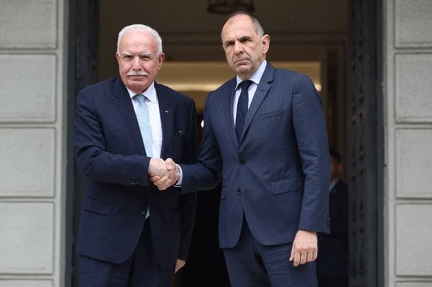 Greek Foreign Minister Giorgos Gerapetritis (R) welcomes the Palestinian Authority™s Foreign Minister Riyad al-Maliki (L) during their meeting in Athens, Greece, 15 February 2024. The Palestinian Authority™s foreign minister is in Athens on a working visit. IMAGO ONE INCH PRODUCTIONS ATHENS Greece Copyright: xOnexInchxProductionsx 6115434