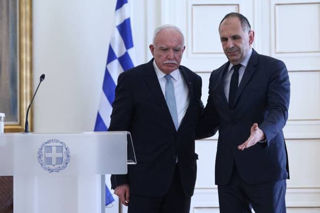 Greek Foreign Minister Giorgos Gerapetritis (R) welcomes the Palestinian Authority™s Foreign Minister Riyad al-Maliki (L) during their meeting in Athens, Greece, 15 February 2024. The Palestinian Authority™s foreign minister is in Athens on a working visit. IMAGO ONE INCH PRODUCTIONS ATHENS Greece Copyright: xOnexInchxProductionsx 6115710