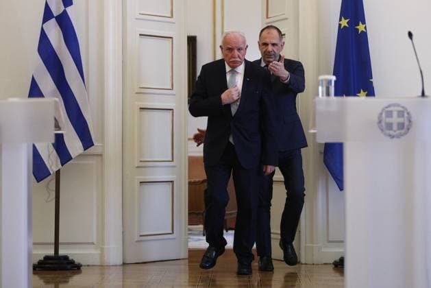 Greek Foreign Minister Giorgos Gerapetritis (R) welcomes the Palestinian Authority™s Foreign Minister Riyad al-Maliki (L) during their meeting in Athens, Greece, 15 February 2024. The Palestinian Authority™s foreign minister is in Athens on a working visit. IMAGO ONE INCH PRODUCTIONS ATHENS Greece Copyright: xOnexInchxProductionsx 6115780
