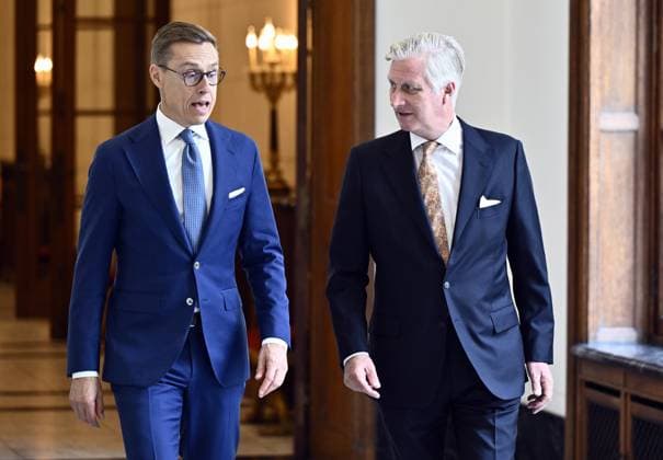 Finland s president Alexander Stubb and King Philippe - Filip of Belgium pictured during an audience of the Belgian King with Finnish s President Stubb, at the Royal Castle in Laken Laeken, Brussels, Tuesday 08 October 2024. ERICxLALMAND 102153418