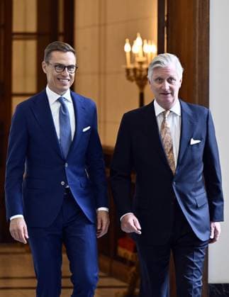 Finland s president Alexander Stubb and King Philippe - Filip of Belgium pictured during an audience of the Belgian King with Finnish s President Stubb, at the Royal Castle in Laken Laeken, Brussels, Tuesday 08 October 2024. ERICxLALMAND 102153436