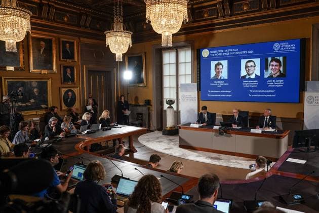 (241009) -- STOCKHOLM, Oct. 9, 2024 -- The 2024 Nobel Prize in Chemistry is announced in Stockholm, Sweden, Oct. 9, 2024. The 2024 Nobel Prize in Chemistry was awarded to David Baker for computational protein design, and to the duo Demis Hassabis and John M. Jumper for protein structure prediction, the Royal Swedish Academy of Sciences said on Wednesday. ) (FOCUS) SWEDEN-STOCKHOLM-2024 NOBEL PRIZE-CHEMISTRY PengxZiyang