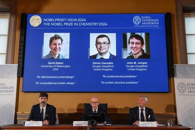 (241009) -- STOCKHOLM, Oct. 9, 2024 -- The 2024 Nobel Prize in Chemistry is announced in Stockholm, Sweden, Oct. 9, 2024. The 2024 Nobel Prize in Chemistry was awarded to David Baker for computational protein design, and to the duo Demis Hassabis and John M. Jumper for protein structure prediction, the Royal Swedish Academy of Sciences said on Wednesday. ) (FOCUS) SWEDEN-STOCKHOLM-2024 NOBEL PRIZE-CHEMISTRY PengxZiyang