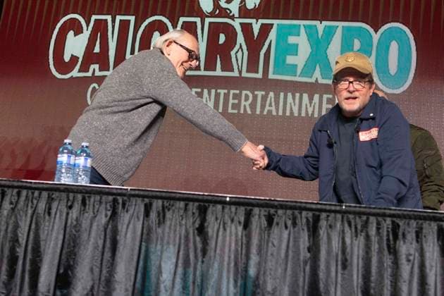 April 25, 2025, Calgary, Alberta, Canada: Michael J. Fox, Christopher Lloyd reunite to celebrate the 40th anniversary of Back to the Future during a special panel at Calgary Expo in Calgary, Alberta, on April 25, 2025. The iconic duo, who portrayed Marty McFly and Doc Brown, reflected on the filmâ€⠢s legacy and decades of fandom. Calgary Canada - ZUMAr123 20250425_zap_r123_058 Copyright: xBadenxRothx