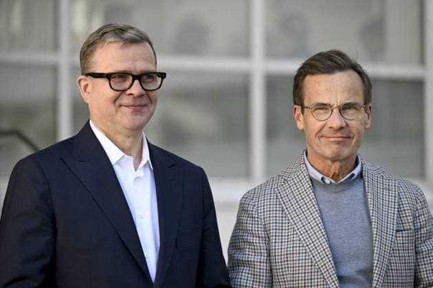 Finnish Prime Minister Petteri Orpo (L) welcomes Swedish Prime Minister Ulf Kristersson at the Nordic Prime Ministers Summer Meeting at the Paimio Sanatorium in Paimio, Finland, on May 26, 2025. Finland and Åland together host the informal summer meeting. The discussions of the meeting will focus on two themes: competitiveness and strengthening comprehensive security. Paimio Finland Copyright: xRonixRekomaax LKFTJK20250526115227YRPZ