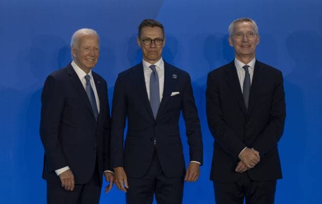 Finland s President Alexander Stubb attends NATO summit in US WASHINGTON, DC - JULY 10: U.S. President Joe Biden (L), NATO Secretary General Jens Stoltenberg (R) and Finland s President Alexander Stubb (C) pose for a photo during the 75th NATO anniversary summit at the Walter E. Washington Convention Center on July 10, 2024 in Washington D.C., USA. Washington United States. Editorial use only. Please get in touch for any other usage. Copyright: x2025xAnadoluxCelalxGüneÅüx