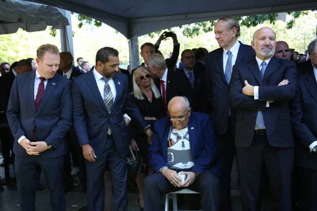 RECORD DATE NOT STATED (NEW) 24th anniversary 9 11 commemoration ceremony. September 11, 2025, New York, USA: (L-R) Andrew Giuliani, Politician and son of former NYC Mayor, FBI Director, Kash Patel, Former New York City Mayor, Rudy Giuliani, Howard Lutnick, United States Secretary of Commerce, Mike Bloomberg, Businessman and former Mayor of New York City at the 24th anniversary 9 11 commemoration ceremony is taking place on the 9 11 Memorial plaza at the World Trade Center in lower Manhattan. This commemoration remembers and honors the 2,983 men, women, and children killed in the 2001 attacks at the World Trade Center site, the Pentagon, and aboard Flight 93, and those killed in the February 26, 1993 WTC bombing. It is for family members of victims of the 2001 a Copyright: xNiyixFotex