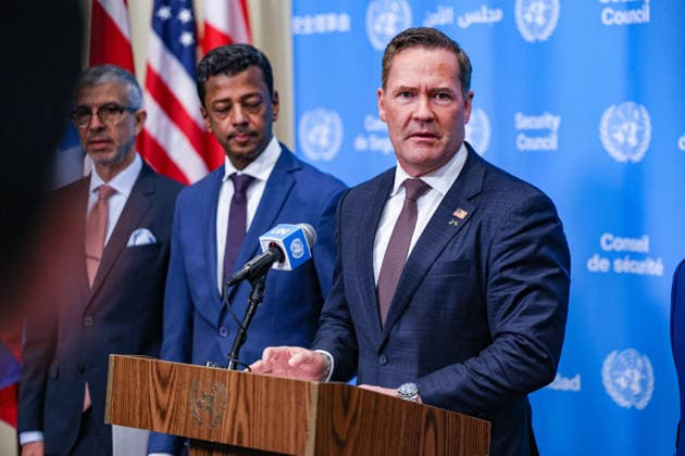 May 7, 2026, New York, New York, USA: AMBASSADOR MIKE WALTZ, U.S. Representative to the United Nations, and AMBASSADOR JAMAL FARES ALROWAIEI, Permanent Representative of Bahrain to the United Nations in the background, speaks to the press at UNHQ on a draft Security Council resolution concerning the Strait of Hormuz. They were joined by representatives of the UAE, Saudi Arabia, Qatar and Kuwait in calling for freedom of navigation and maritime security in the strait. New York USA - ZUMAo116 20260507_znp_o116_040 Copyright: xBiancaxOterox