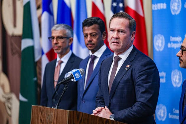 May 7, 2026, New York, New York, USA: AMBASSADOR MIKE WALTZ, U.S. Representative to the United Nations, and AMBASSADOR JAMAL FARES ALROWAIEI, Permanent Representative of Bahrain to the United Nations in the background, speaks to the press at UNHQ on a draft Security Council resolution concerning the Strait of Hormuz. They were joined by representatives of the UAE, Saudi Arabia, Qatar and Kuwait in calling for freedom of navigation and maritime security in the strait. New York USA - ZUMAo116 20260507_znp_o116_045 Copyright: xBiancaxOterox