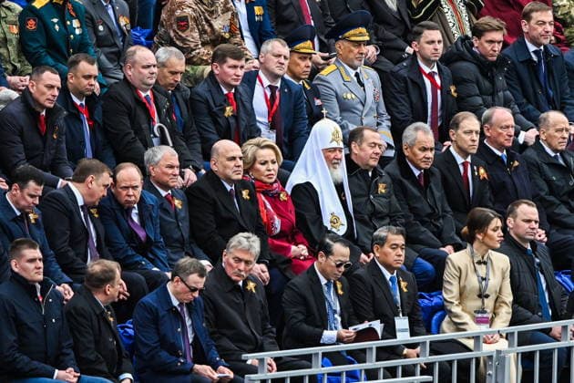 RUSSIA, MOSCOW - MAY 9, 2026: Dmitry Mironov, Alexei Dyumin, Aides to the President of Russia, Anton Vaino, Chief of Staff, Russian Presidential Executive Office, State Duma Speaker Vyacheslav Volodin, Prime Minister Mikhail Mishustin, Federation Council Speaker Valentina Matvienko, Patriarch Kirill of Moscow and All Russia, United Russia Chairman Dmitry Medvedev, Security Council Secretary Sergei Shoigu, First Deputy Prime Minister Denis Manturov, Presidential Aide Nikolai Patrushev, and Alexander Bortnikov (L-R), Head of the Federal Security Service, attend a military parade in Red Square on Victory Day to mark 81 years since the victory of the Soviet Union over Nazi Germany in the Great Patriotic War, Eastern Front of World War II. Video - ZUMAt113 20260509_zaa_t113_1235 Copyright: xKristinaxSolovyovax