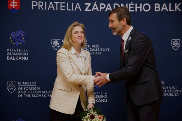 Slovakia hosts ministerial meeting of the Friends of the Western Balkans BRATISLAVA, SLOVAKIA - MAY 12: The Minister of Foreign and European Affairs of the Slovak Republic, Juraj Blanar welcomes Minister for European and International Affairs of Austria Beate Meinl-Reisinger during the ministerial meeting of the Friends of the Western Balkans group at Bratislava Castle in Bratislava, Slovakia on May 12, 2026. The event brings together foreign ministers of the member states of the Friends of the Western Balkans group (Slovakia, Czechia, Greece, Croatia, Austria, Slovenia and Italy) and representatives of the Western Balkans (Albania, Bosnia and Herzegovina, Montenegro, Kosovo, North Macedonia and Serbia), along with the European Commissioner Copyright: x2026xAnadoluxZuzanaxGogovax