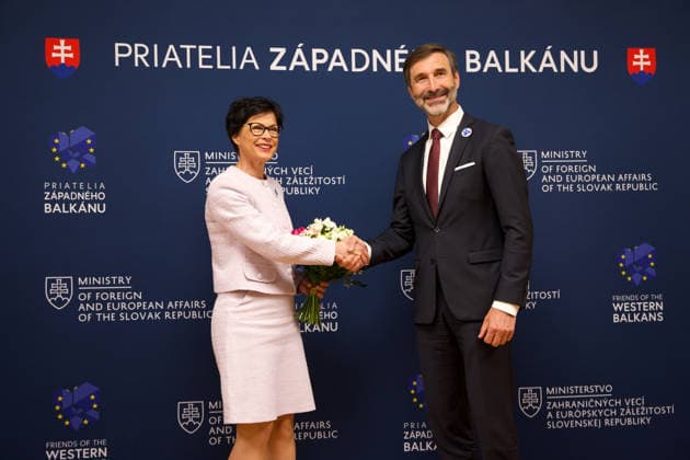 Slovakia hosts ministerial meeting of the Friends of the Western Balkans BRATISLAVA, SLOVAKIA - MAY 12: The Minister of Foreign and European Affairs of the Slovak Republic, Juraj Blanar welcomes European Commissioner for Enlargement Marta Kos during the ministerial meeting of the Friends of the Western Balkans group at Bratislava Castle in Bratislava, Slovakia on May 12, 2026. The event brings together foreign ministers of the member states of the Friends of the Western Balkans group (Slovakia, Czechia, Greece, Croatia, Austria, Slovenia and Italy) and representatives of the Western Balkans (Albania, Bosnia and Herzegovina, Montenegro, Kosovo, North Macedonia and Serbia), along with the European Commissioner for Enlargement, Marta Kos. Zuza Copyright: x2026xAnadoluxZuzanaxGogovax