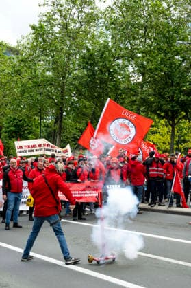 May 12, 2026, Brussels, Brussels, Belgium: For the sixth time since 2025, the three major labour unions have managed to rally their members for a national strike and demonstration. Together with various organisations from different sectors, they have brought 50,000 people onto the streets of Brussels today..The protesters are angry about the reforms of Bart De Weverâ€⠢s federal government. Minister Jan Jambonâ€⠢s pension plans, in particular, are causing a great deal of anger. Various protesters spoke to us: â€oeWe feel robbed.â€Â..The demonstration also passed the American Embassy, where a striking number of people voiced their dissatisfaction with Trump and the US Ambassador to Belgium. ..The offices of the French-speakin - ZUMAr234 20260512_zip_r234_003 Copyright: xBobxReijndersx