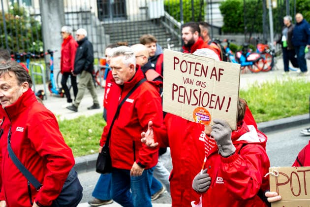 May 12, 2026, Brussels, Brussels, Belgium: For the sixth time since 2025, the three major labour unions have managed to rally their members for a national strike and demonstration. Together with various organisations from different sectors, they have brought 50,000 people onto the streets of Brussels today..The protesters are angry about the reforms of Bart De Weverâ€⠢s federal government. Minister Jan Jambonâ€⠢s pension plans, in particular, are causing a great deal of anger. Various protesters spoke to us: â€oeWe feel robbed.â€Â..The demonstration also passed the American Embassy, where a striking number of people voiced their dissatisfaction with Trump and the US Ambassador to Belgium. ..The offices of the French-speakin - ZUMAr234 20260512_zip_r234_010 Copyright: xBobxReijndersx