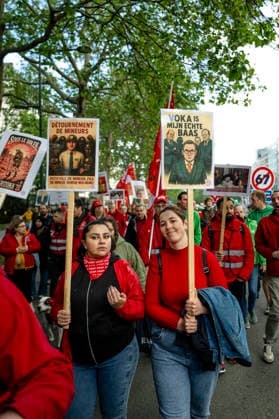 May 12, 2026, Brussels, Brussels, Belgium: For the sixth time since 2025, the three major labour unions have managed to rally their members for a national strike and demonstration. Together with various organisations from different sectors, they have brought 50,000 people onto the streets of Brussels today..The protesters are angry about the reforms of Bart De Weverâ€⠢s federal government. Minister Jan Jambonâ€⠢s pension plans, in particular, are causing a great deal of anger. Various protesters spoke to us: â€oeWe feel robbed.â€Â..The demonstration also passed the American Embassy, where a striking number of people voiced their dissatisfaction with Trump and the US Ambassador to Belgium. ..The offices of the French-speakin - ZUMAr234 20260512_zip_r234_014 Copyright: xBobxReijndersx