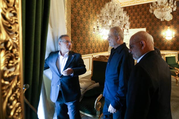 May 12, 2026, Tehran, Iran: Iranian President MASOUD PEZESHKIAN visits the damaged interiors of the Sa dabad Cultural and Historical Complex in Tehran. Since the start of the war, a senior Tehran cultural official said US and Israeli strikes have damaged at least 120 museums and cultural and historic sites nationwide. The Sa dabad Complex is an 80-hectare complex built by the Qajar and Pahlavi monarchs, located in Shemiran, Greater Tehran, Iran. Today, the official residence of the President of Iran is located adjacent to the complex. The complex includes natural forest, streets, qanats, galleries, mansions palaces, and museums. Tehran Iran - ZUMAi98_ 20260512_zih_i98_048 Copyright: xIranianxPresidencyx